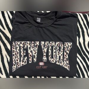 Shein Black Long Sleeve Tee with Leopard 'NEW YORK' Print